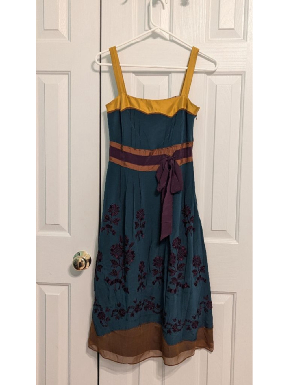 Tocca Silk Dress | Size 0 | Teal & Gold Embroidered Floral | Designer Party Dres